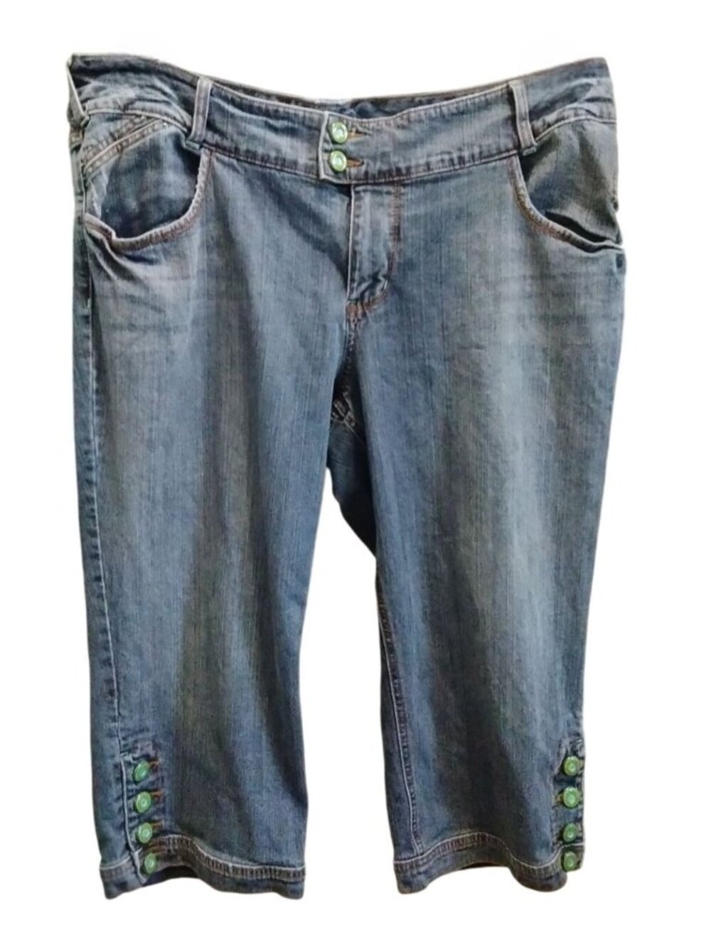 Venezia Size 22 Capri Jeans Denim Green Button Accents Mid Rise Cropped Fit - Picture 2 of 8
